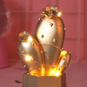 Tufeyo Led Lighted Cute Cactus Decorative Table Lamp Mini Trinket Night Light Gold