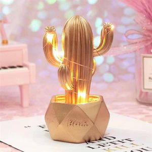 Tufeyo Led Lighted Cute Cactus Decorative Table Lamp Mini Trinket Night Light-gold