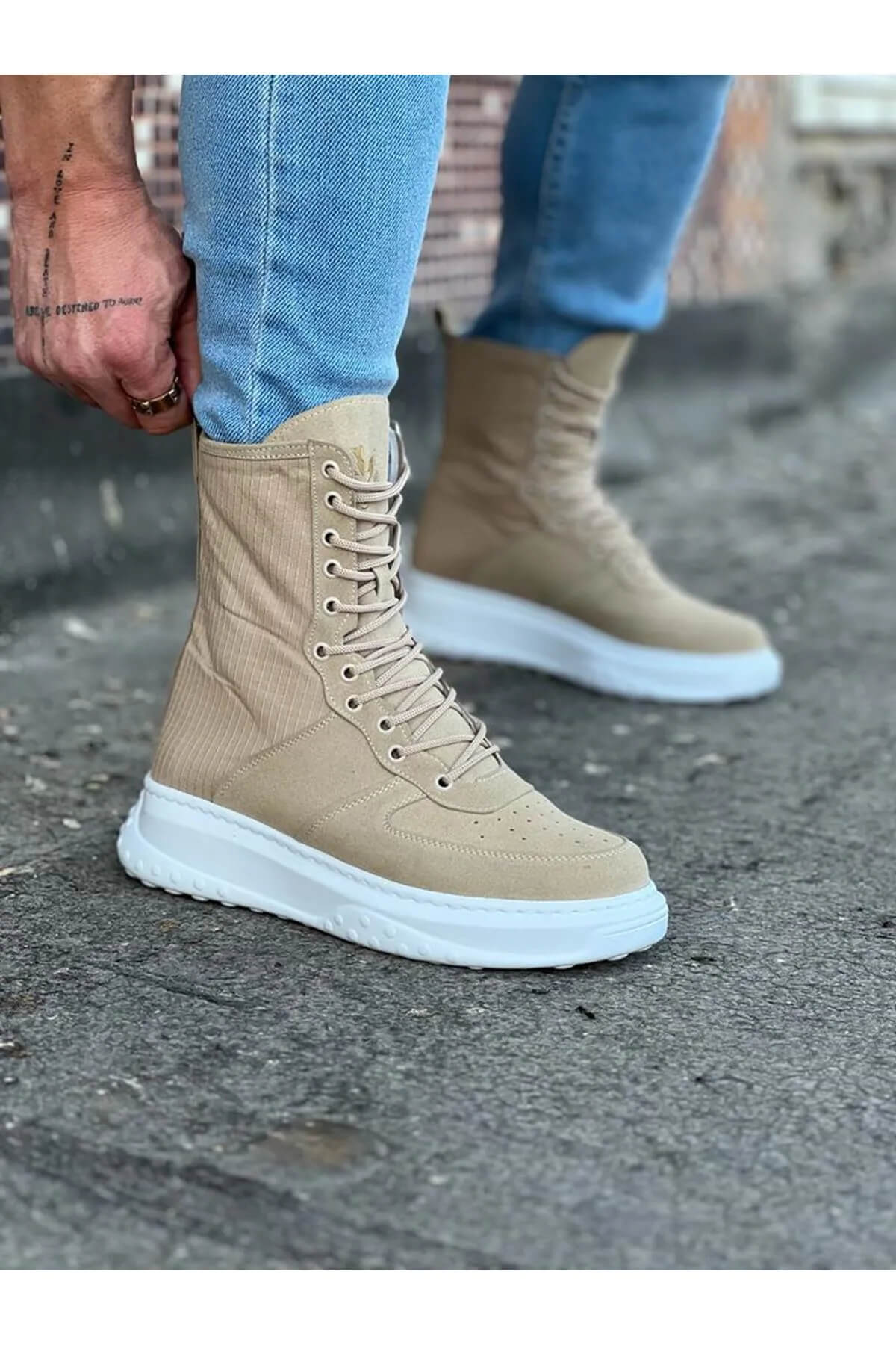 Wg012 Beige Suede Long Lace-up Boots