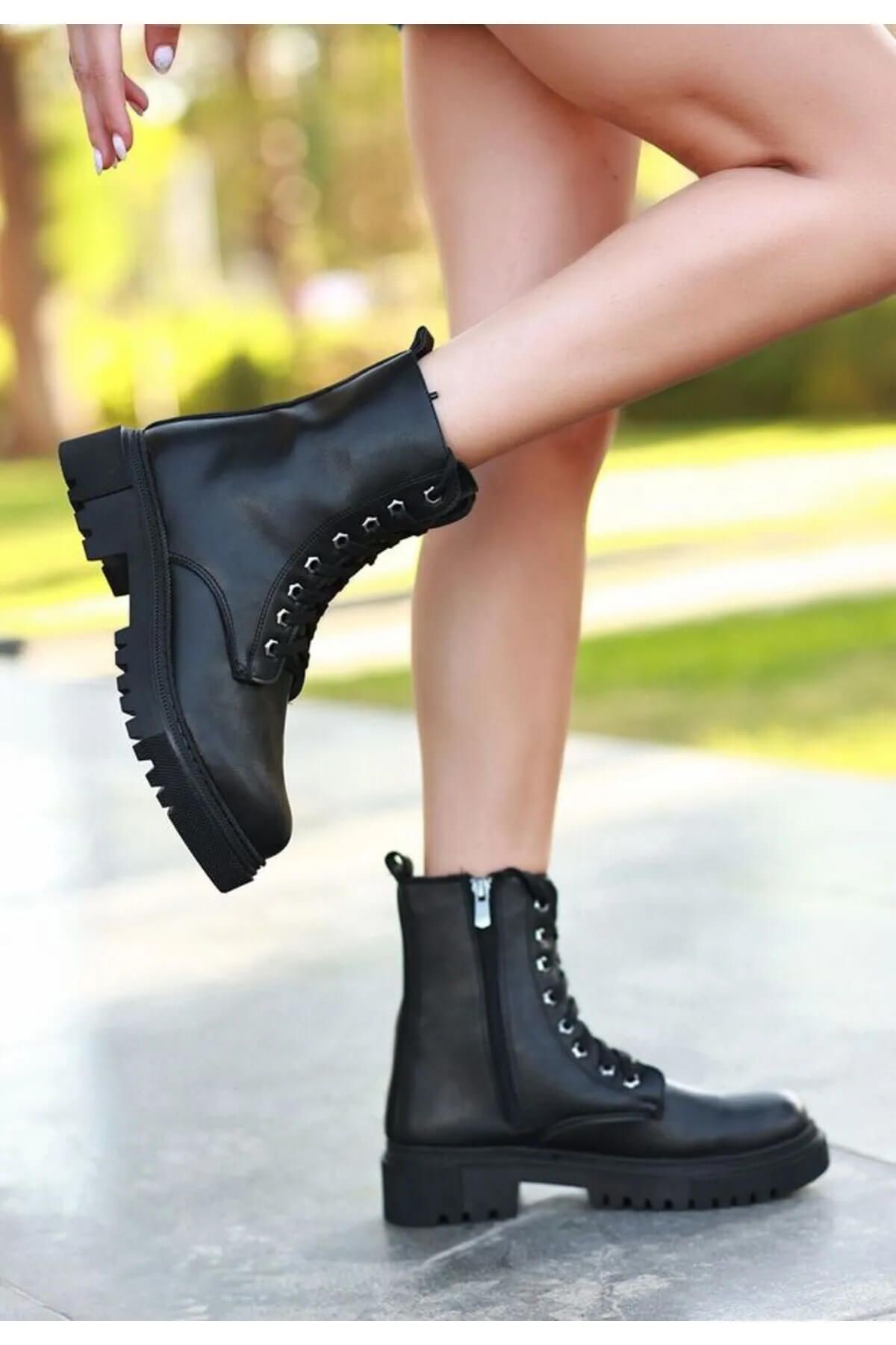 Bria Black Skin Lace-up Boots