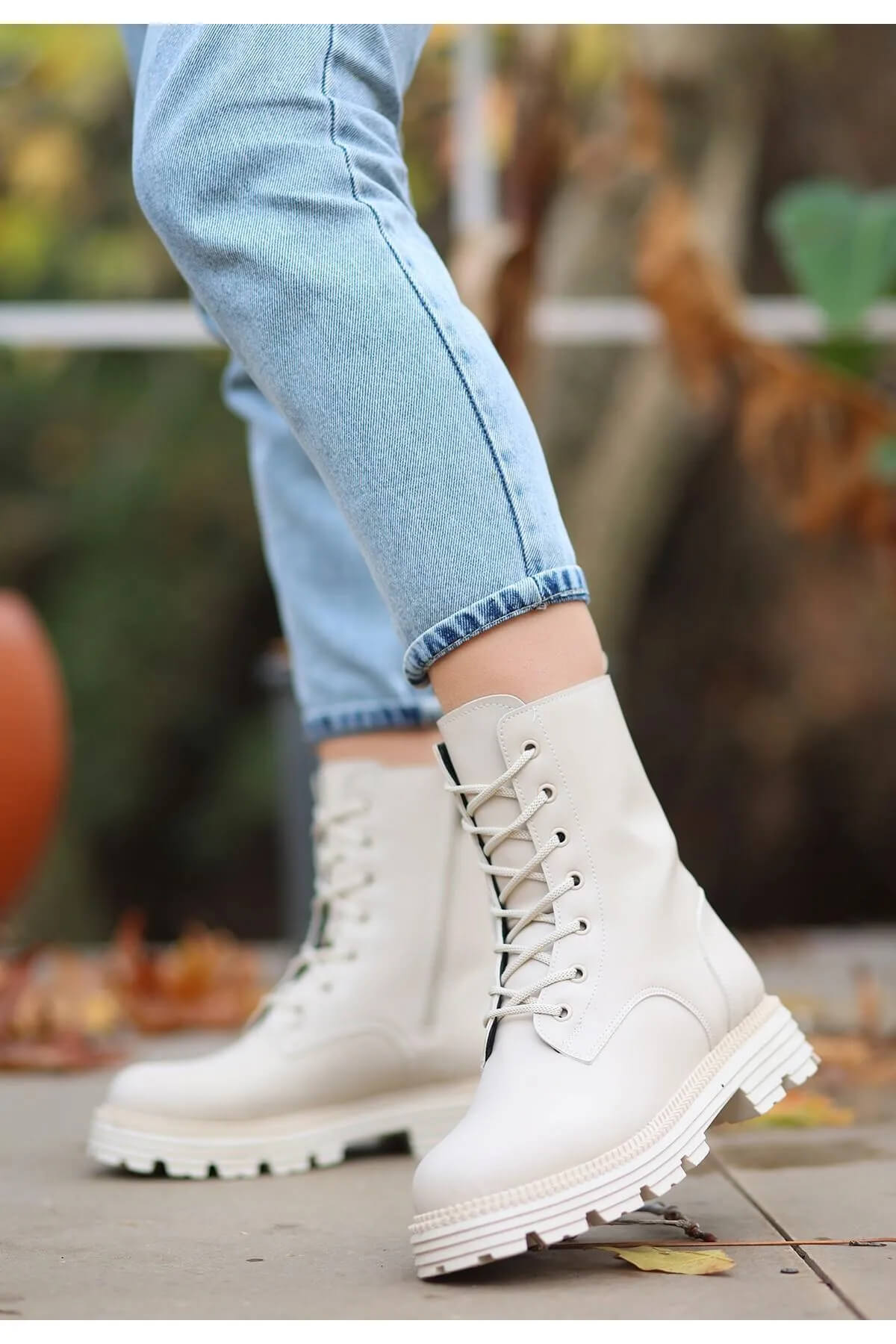 Bria Beige Skin Lace-up Boots