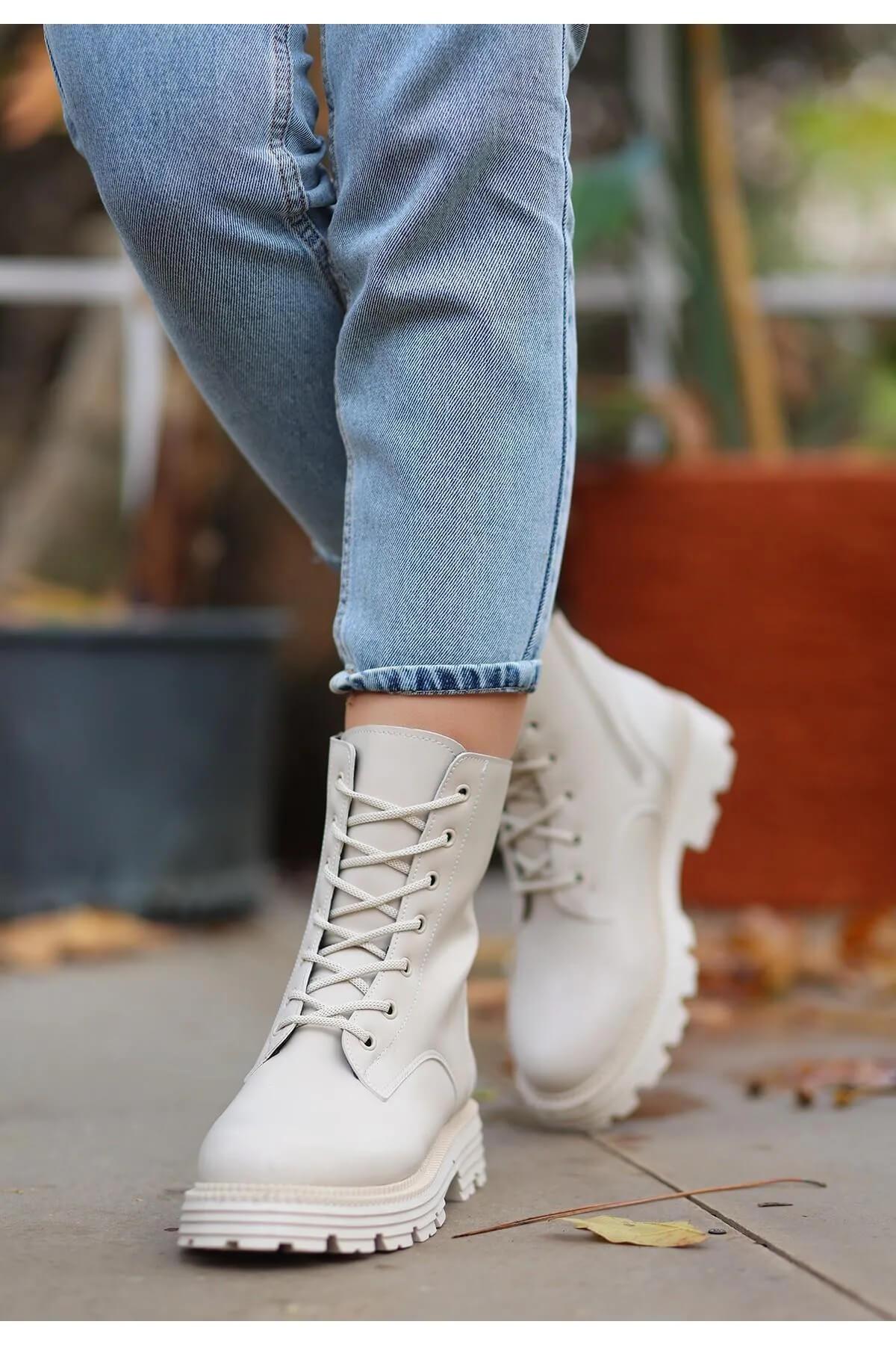 Bria Beige Skin Lace-up Boots