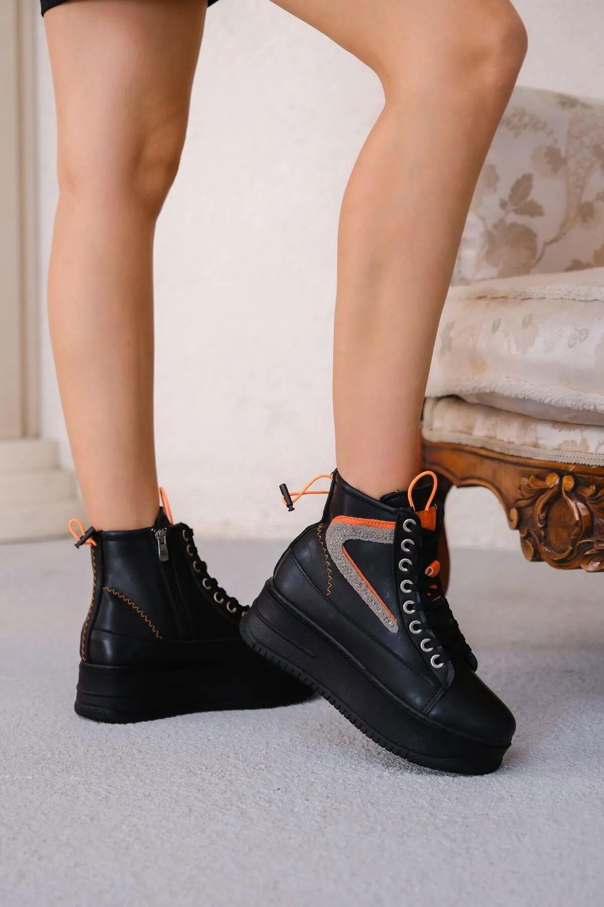 Pone Black Skin Orange Detailed Lace-up Boots