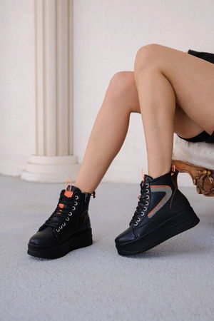 Pone Black Skin Orange Detailed Lace-up Boots