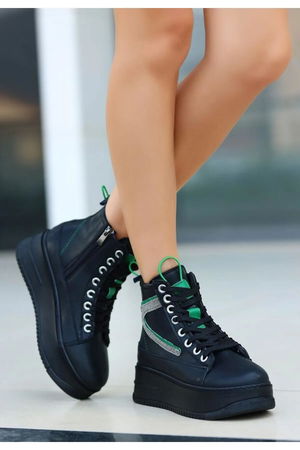 Pone Black Skin Green Detailed Lace-up Boots