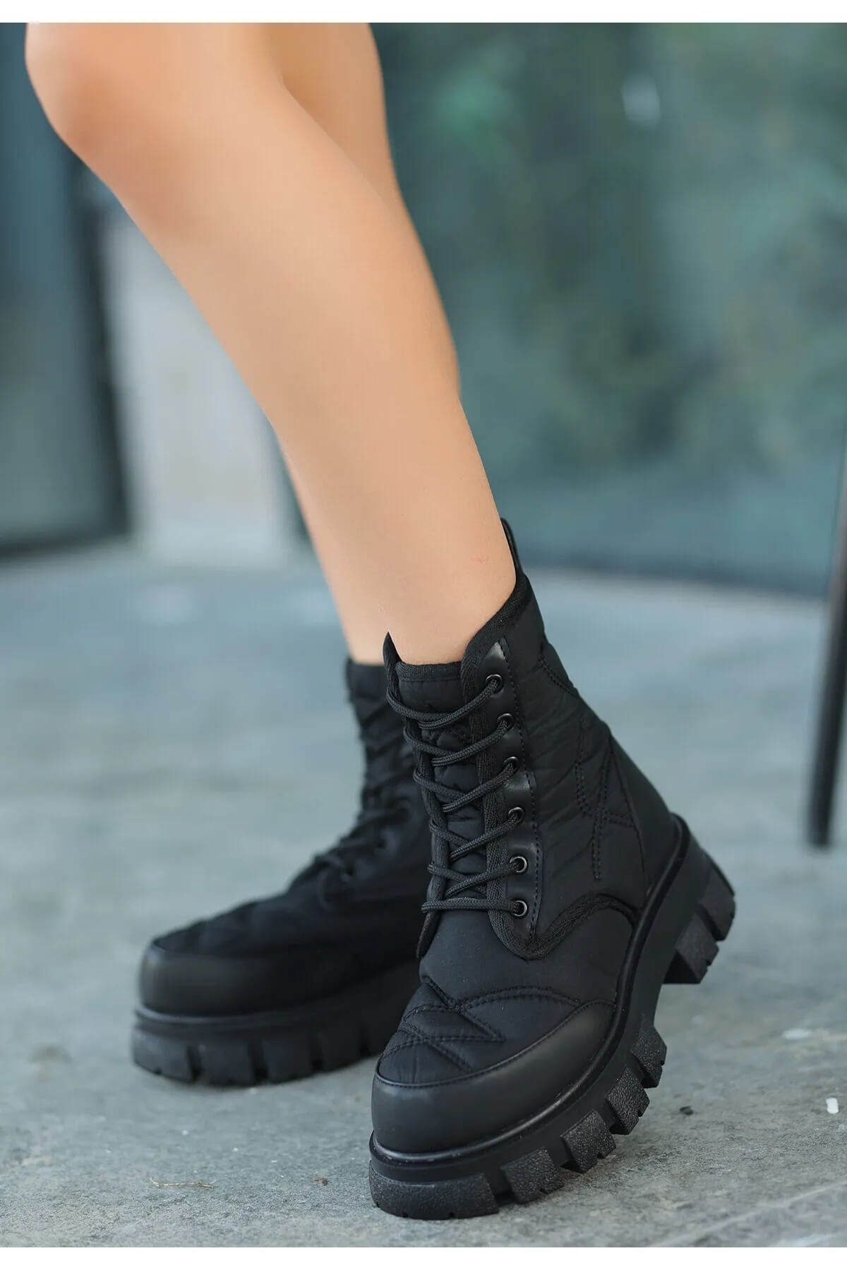 Mabel Black Skin Lace-up Boots