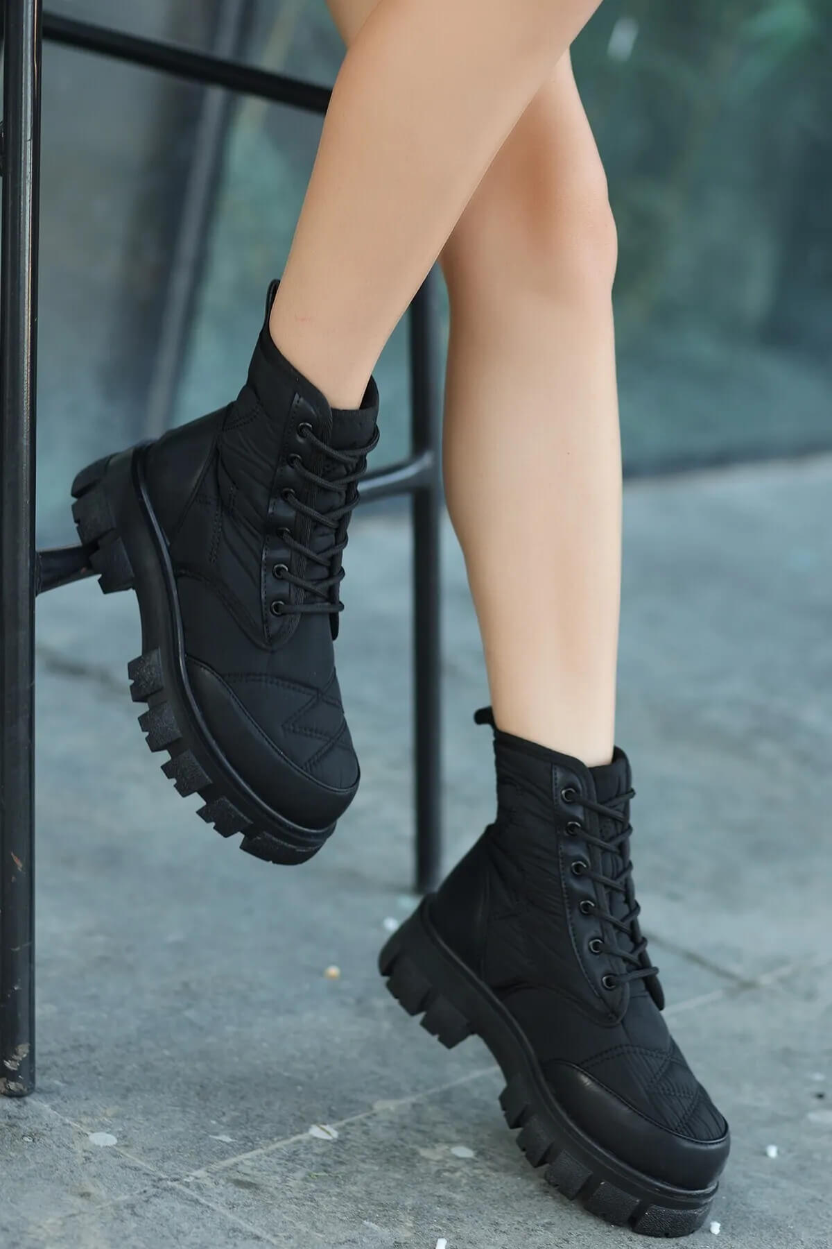 Mabel Black Skin Lace-up Boots