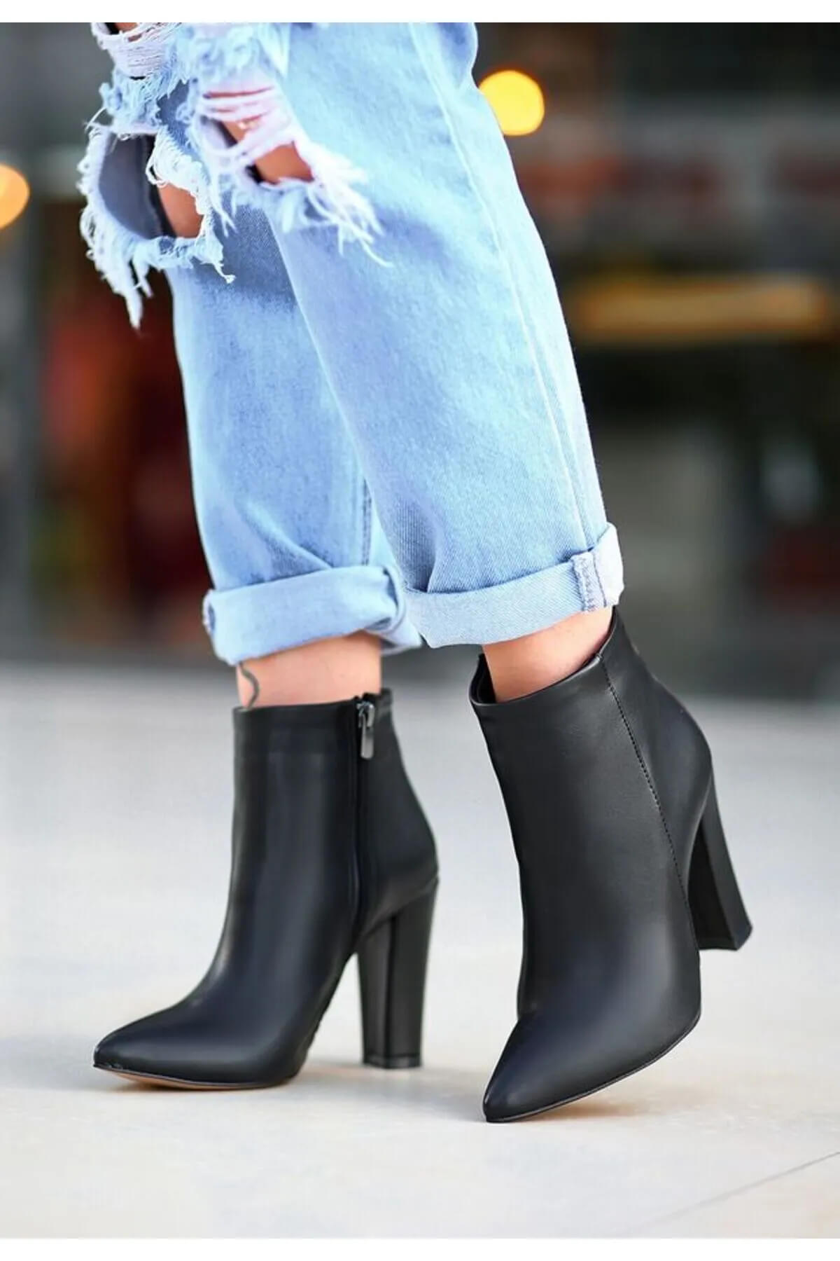 Loora Black Skin Heeled Boots