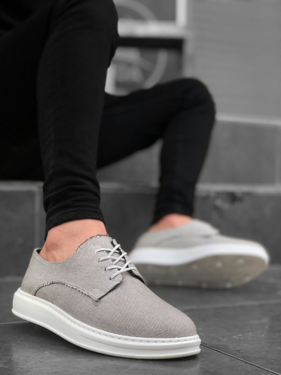 Lace-up Classic Sports Grey Color Linen High Sole Casual Men's Shoes