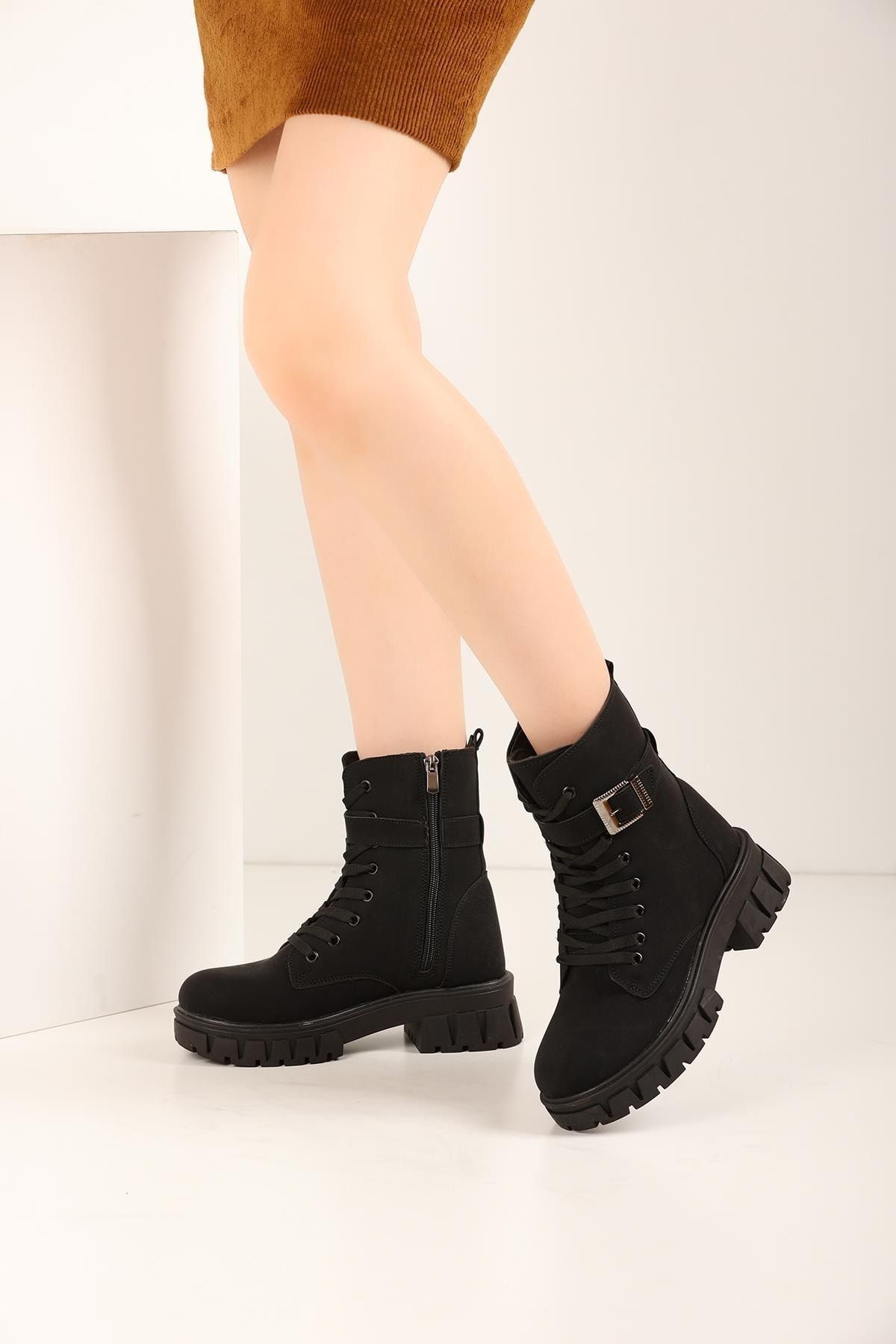 Women's Black Pocket Bag Postal Lace-Up And Zipper Boots Shoes