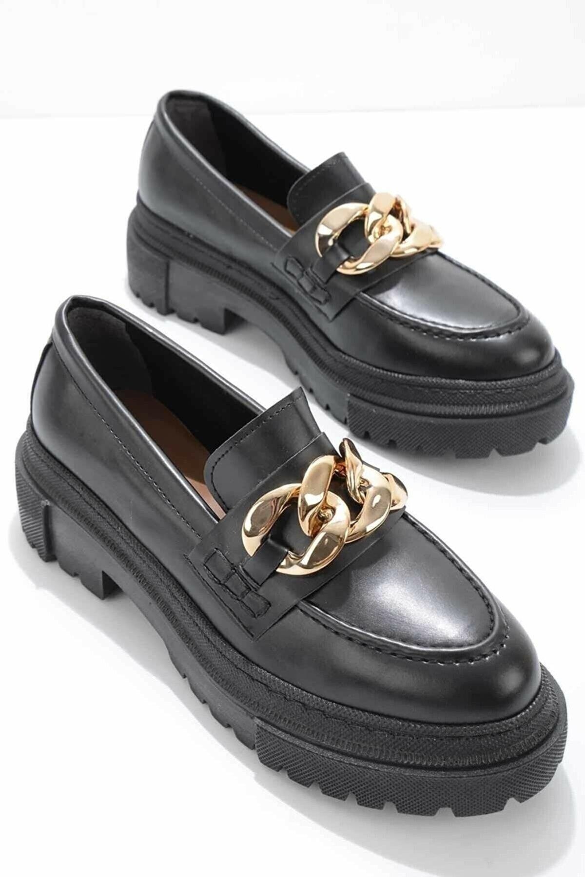 Women's Patent Leather Black Thick Sole Chain Detail Casual Loafer Shoes