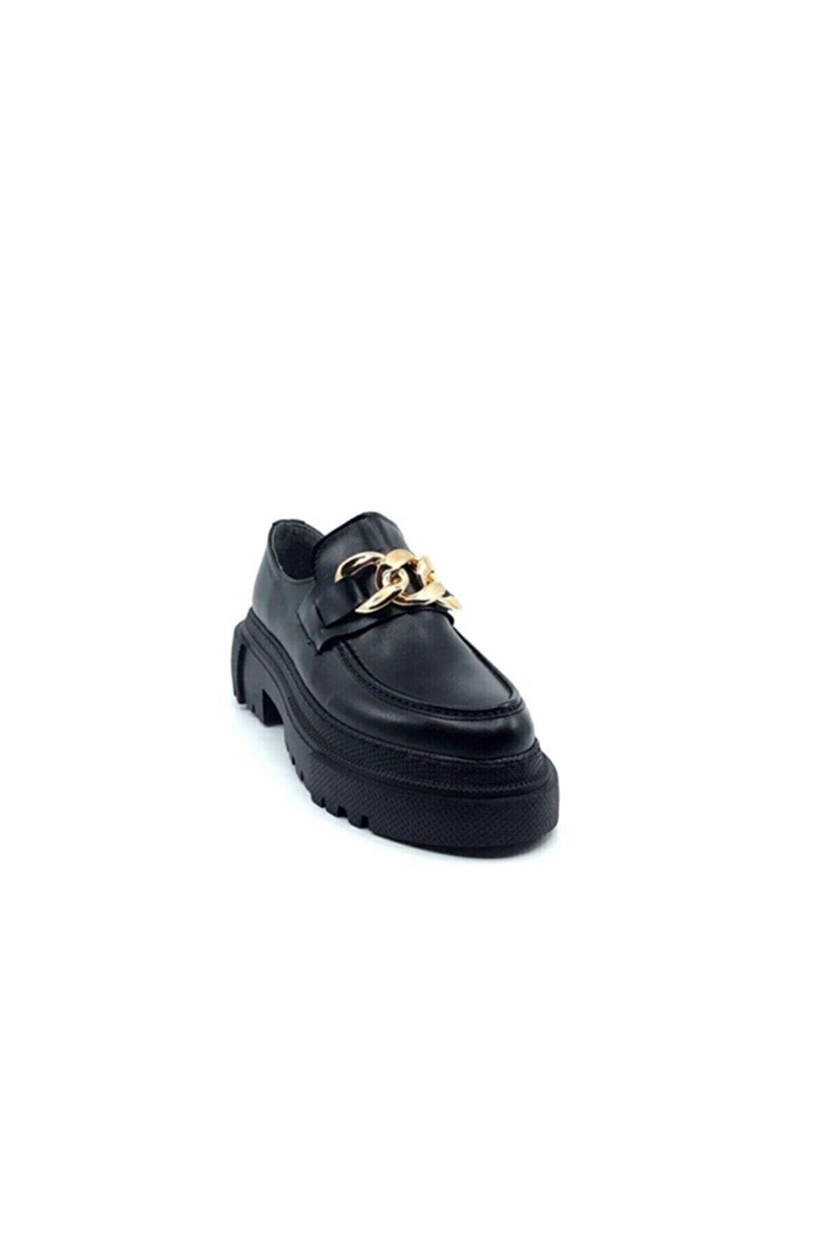 Women's Patent Leather Black Thick Sole Chain Detail Casual Loafer Shoes