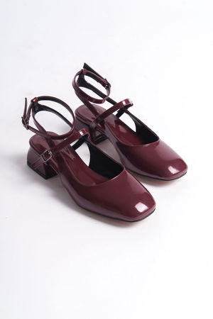 Women's Mary Jane Burgundy Patent Leather Open Back Square Toe Heeled Shoes