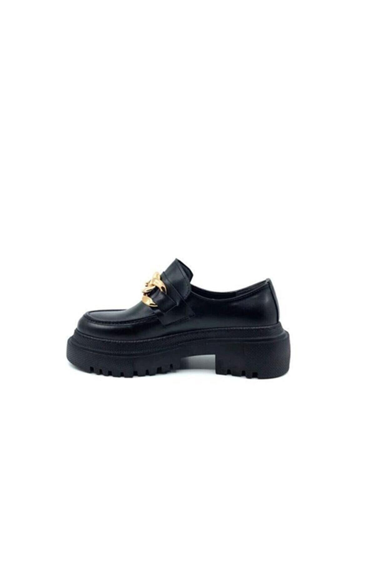 Women's Patent Leather Black Thick Sole Chain Detail Casual Loafer Shoes