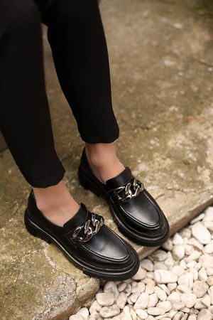 Women's Patent Leather Black Thick Sole Chain Detail Casual Loafer Shoes