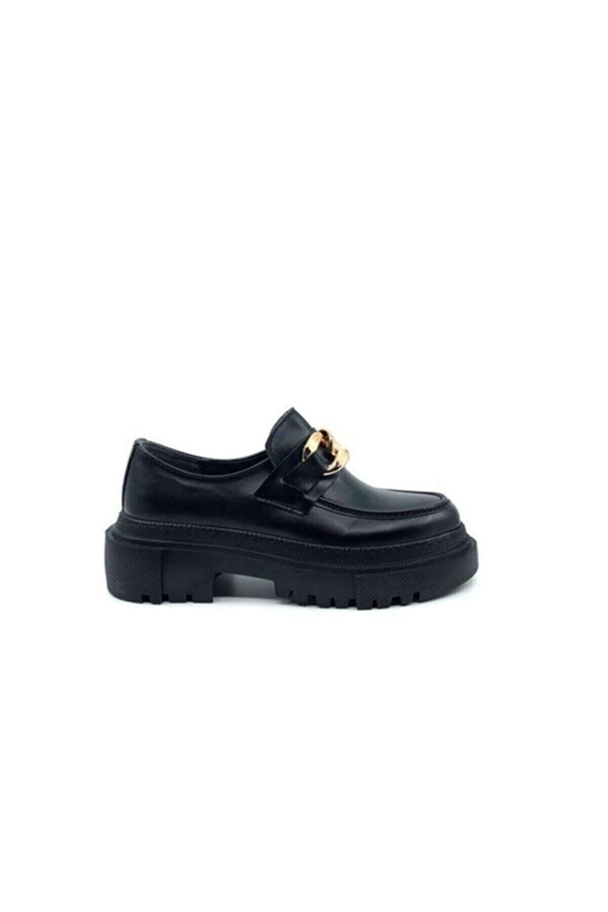 Women's Patent Leather Black Thick Sole Chain Detail Casual Loafer Shoes