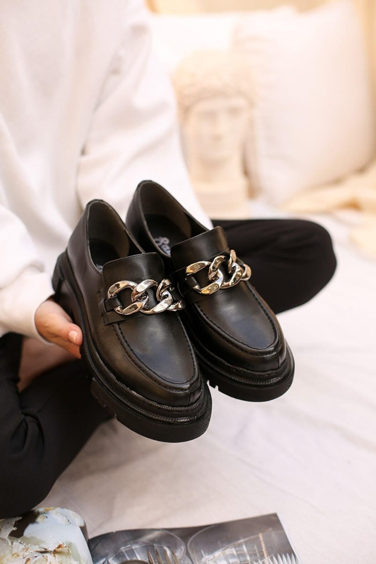 Women's Patent Leather Black Thick Sole Chain Detail Casual Loafer Shoes