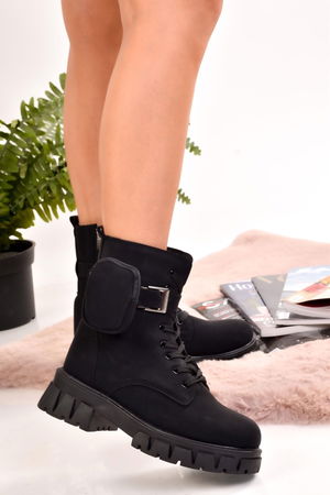 Women's Black Pocket Bag Postal Lace-Up And Zipper Boots Shoes