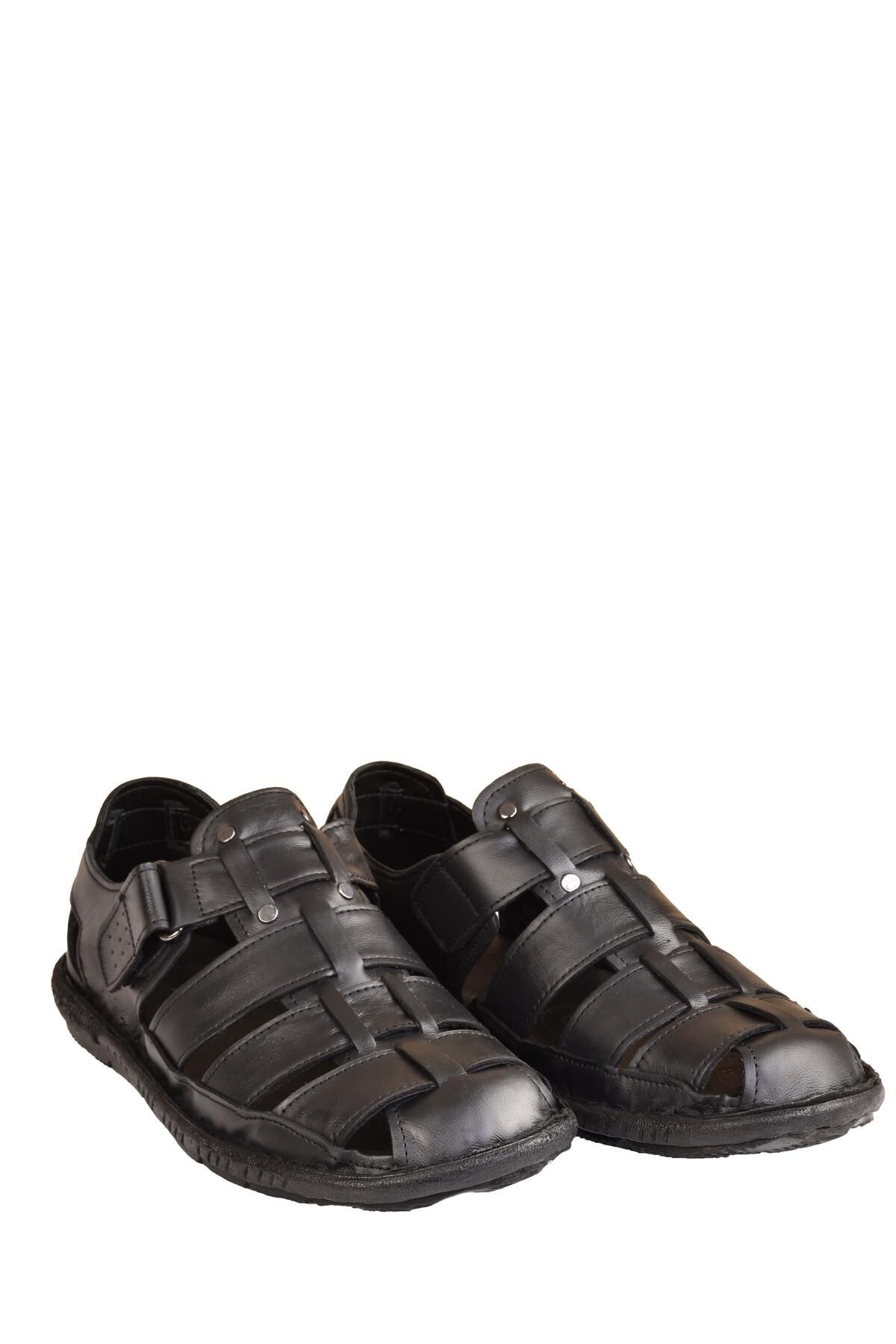 Men's Black Genuine Leather Casual Sandals Shoes