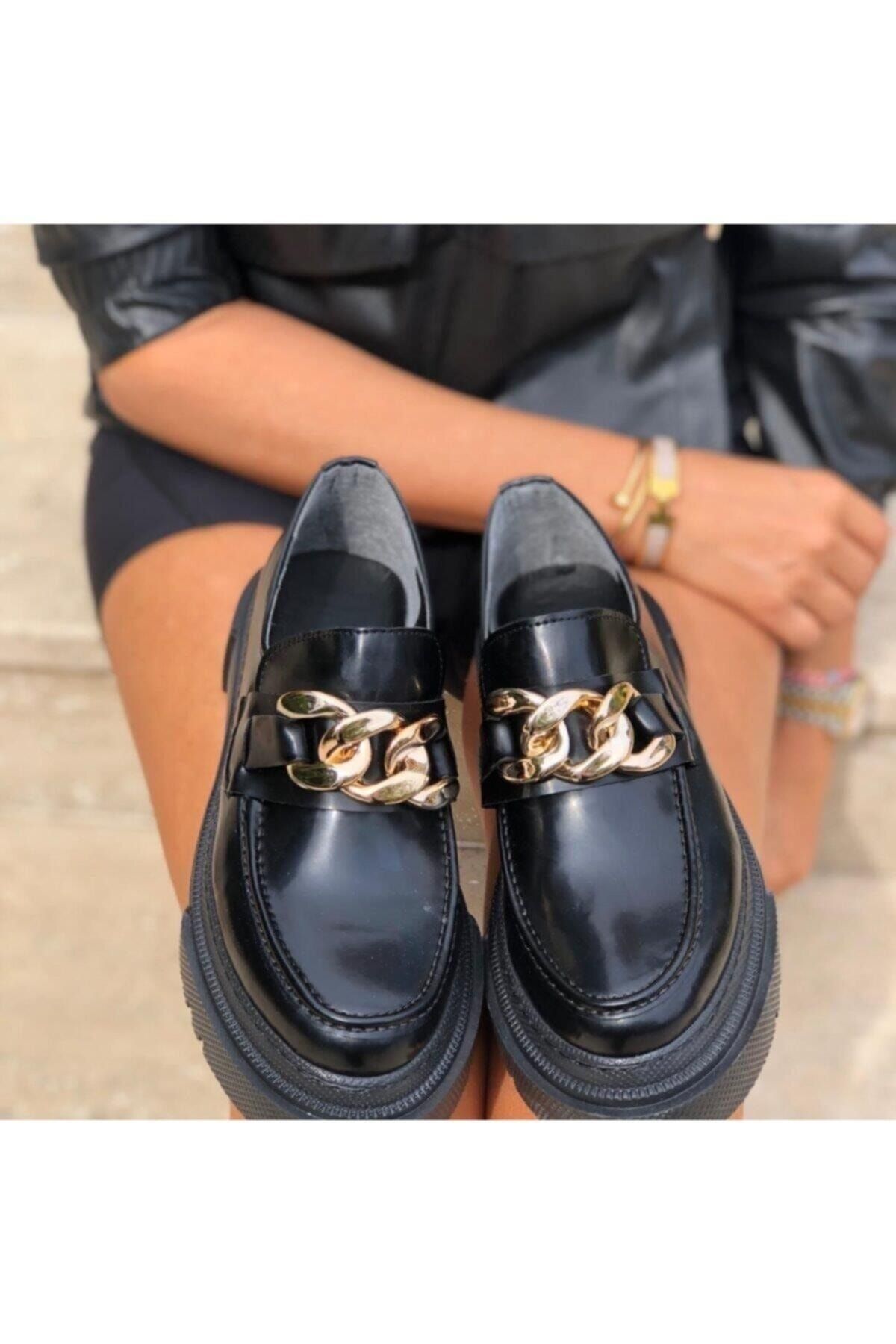 Women's Patent Leather Black Thick Sole Chain Detail Casual Loafer Shoes