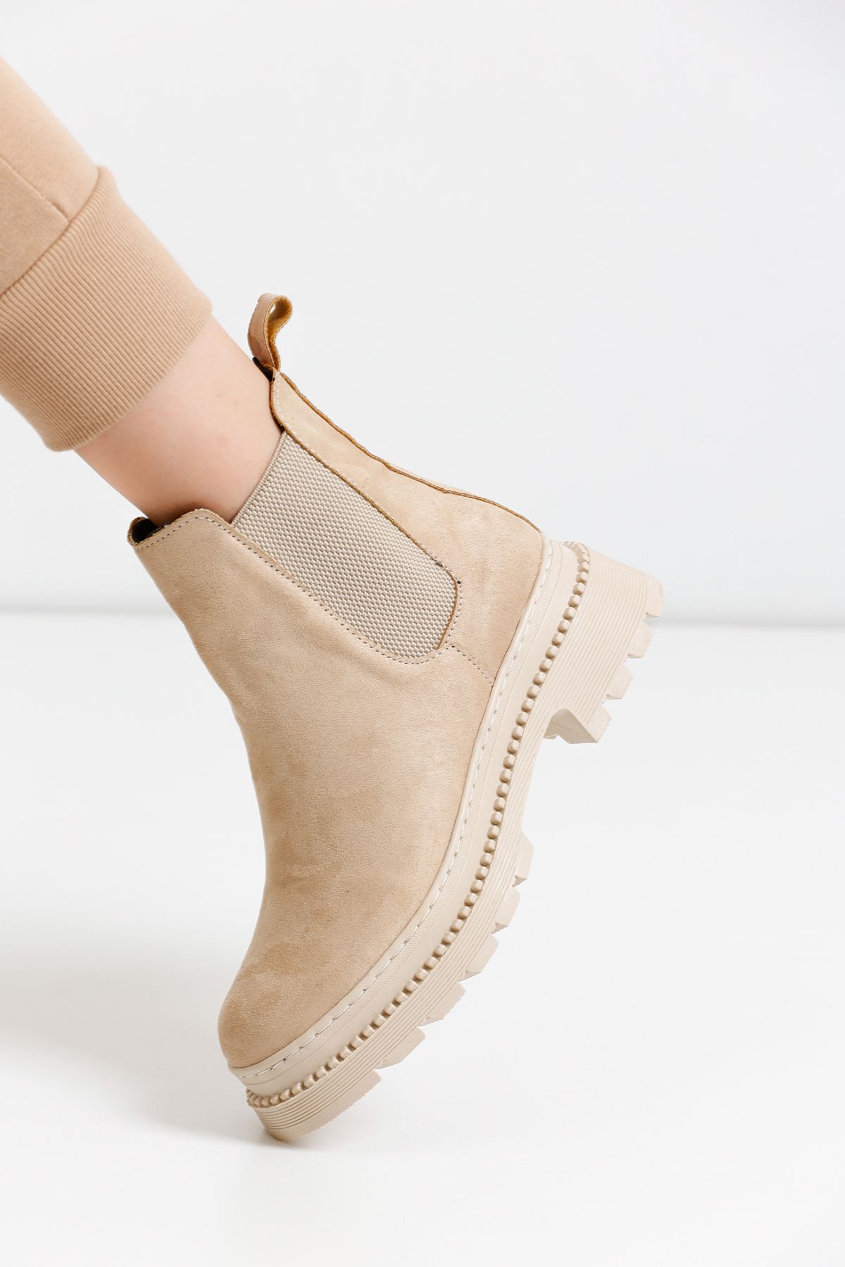 Beige Suede Women's Side Elastic Boots K66