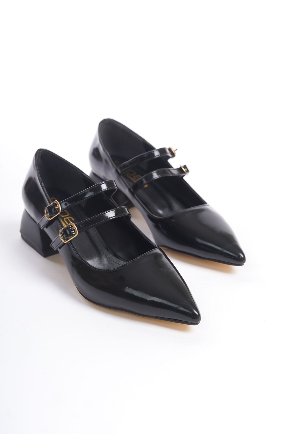 Black Patent Leather Women's Pointed Toe Belt Buckle Casual Classic Heeled Shoes Mary Jane ZR03