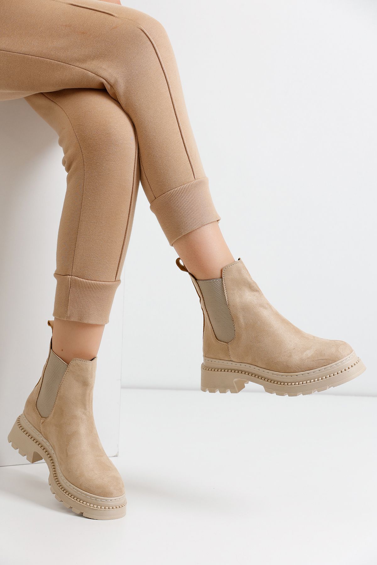 Beige Suede Women's Side Elastic Boots K66