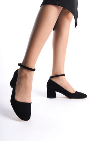 Black Suede Women's Ankle Strap Stylish Casual Classic 5 cm Heeled Shoes DRK021