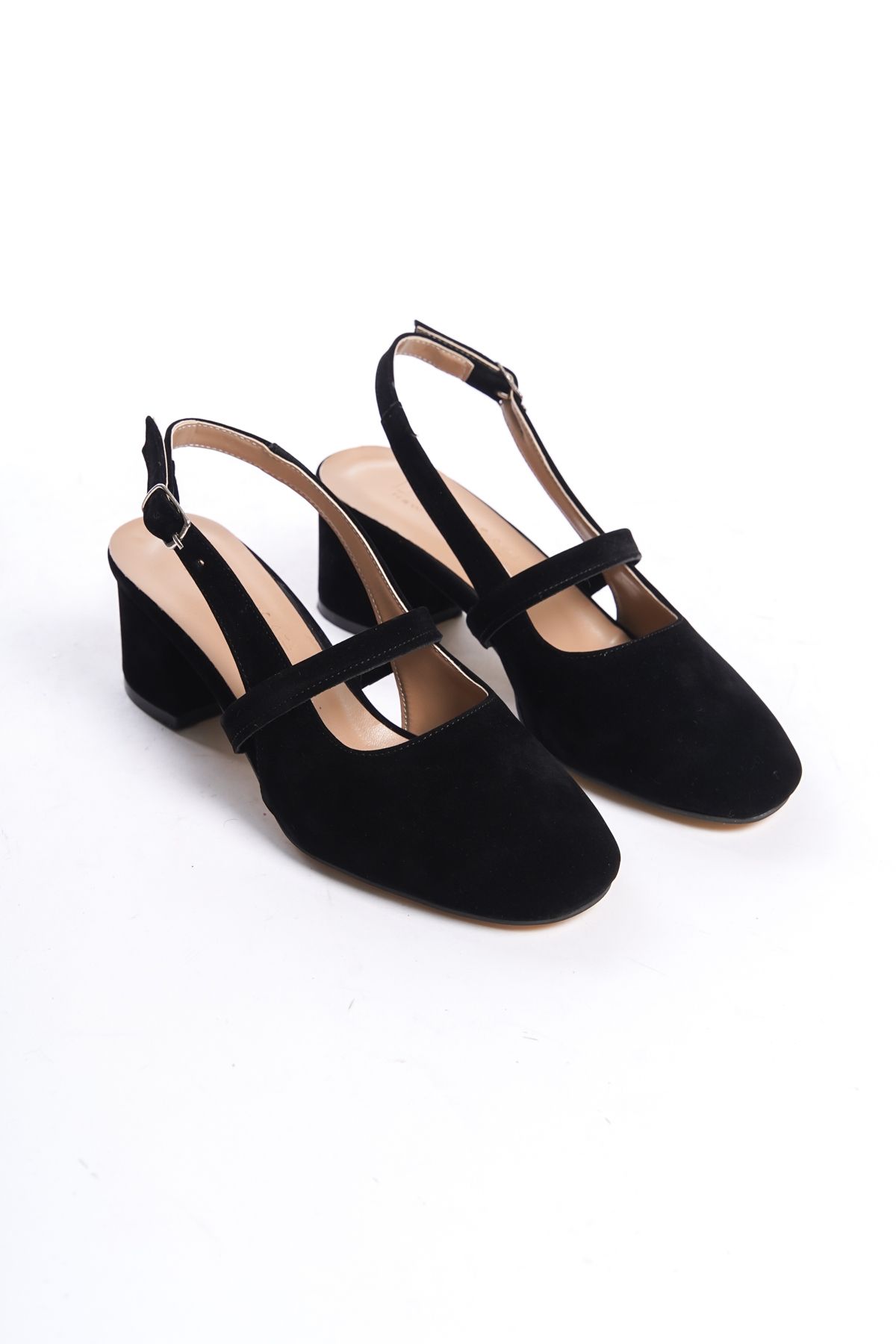 Black Suede Women's Open Back Belt Buckle Detail Comfortable 5 Cm Classic Heeled Shoes Drk020