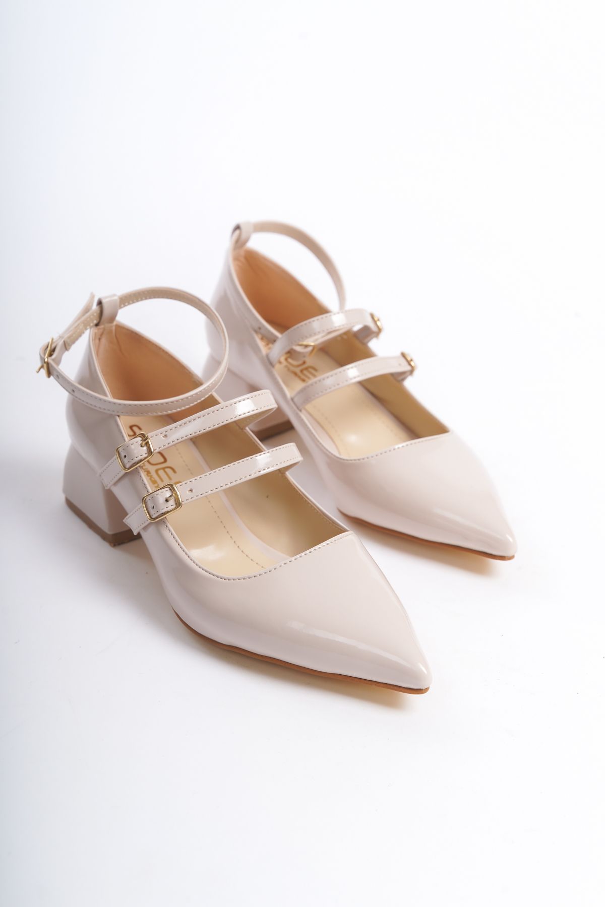 Patent Leather Women's Pointed Toe Belt Buckle Casual Classic Heeled Shoes Mary Jane Heel 5 cm ZR04