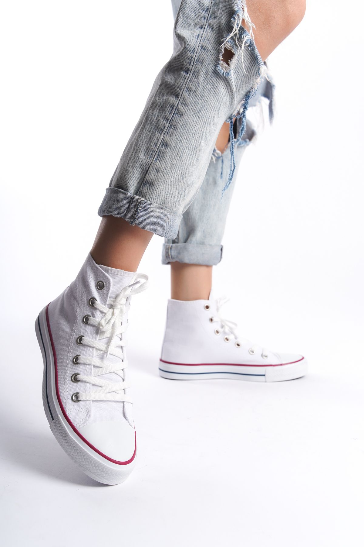 White Women's Long Linen Sneakers Casual Sneakers CNV6