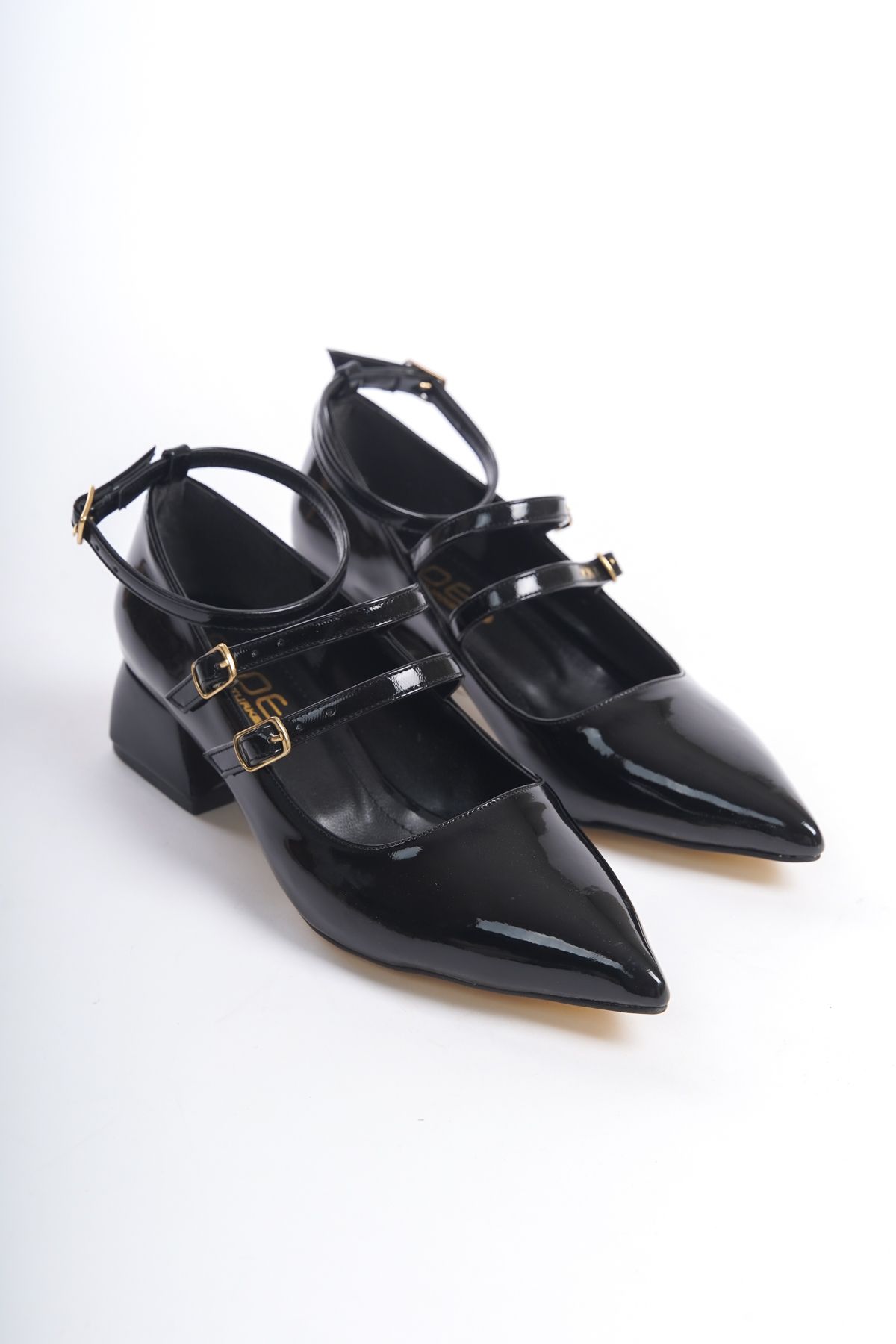 Black Patent Leather Women's Pointed Toe Belt Buckle Casual Classic Heeled Shoes Mary Jane Heel 5 cm ZR04