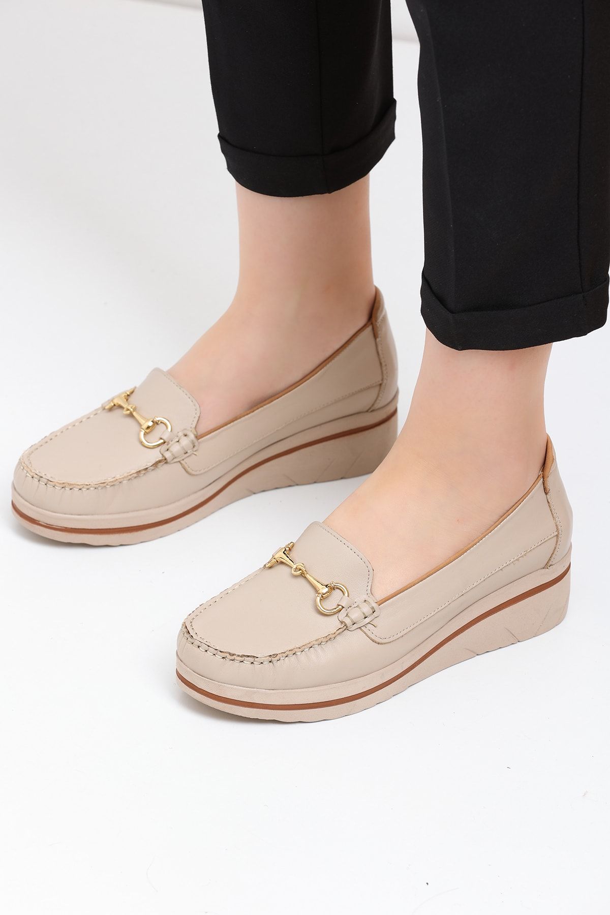 Beige Women's Genuine Leather Loafer By128