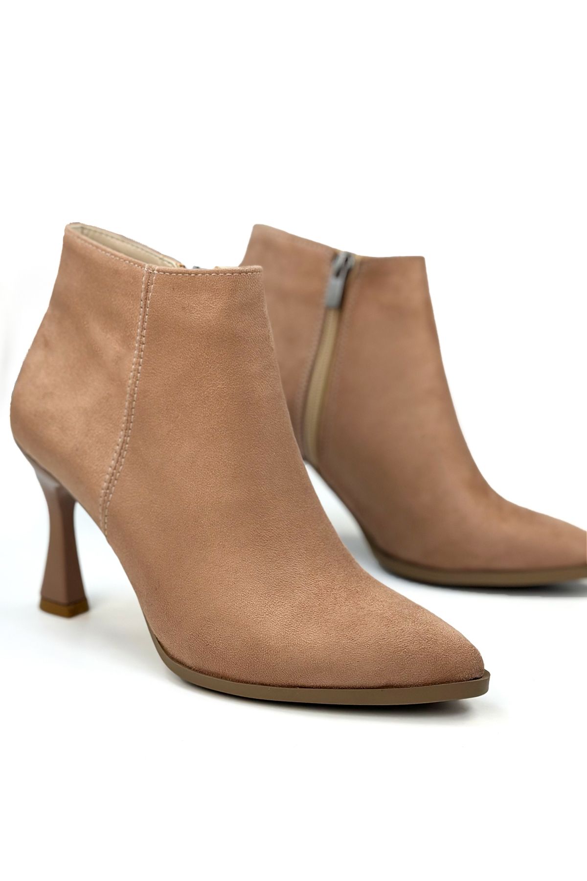 Beige Suede Women's Heeled Boots 2592