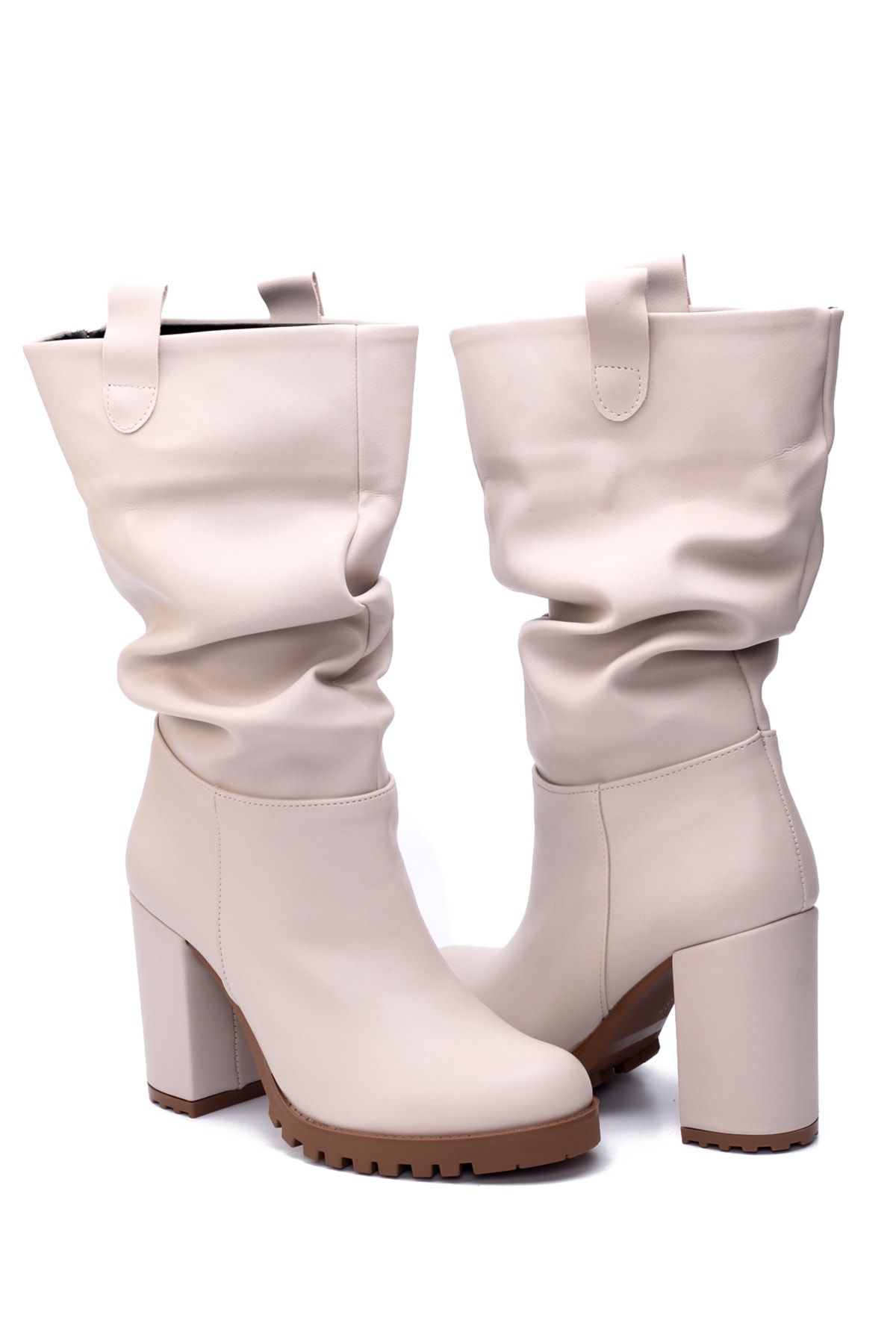 Beige Women's Boots with Shirred Heels 136