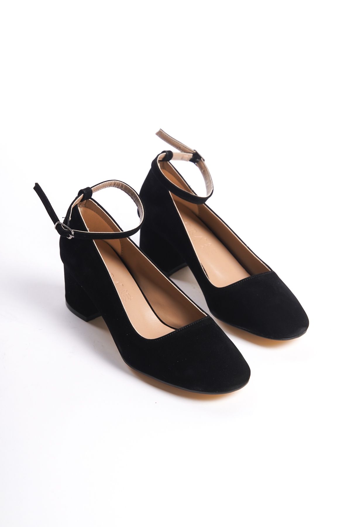 Black Suede Women's Ankle Strap Stylish Casual Classic 5 cm Heeled Shoes DRK021