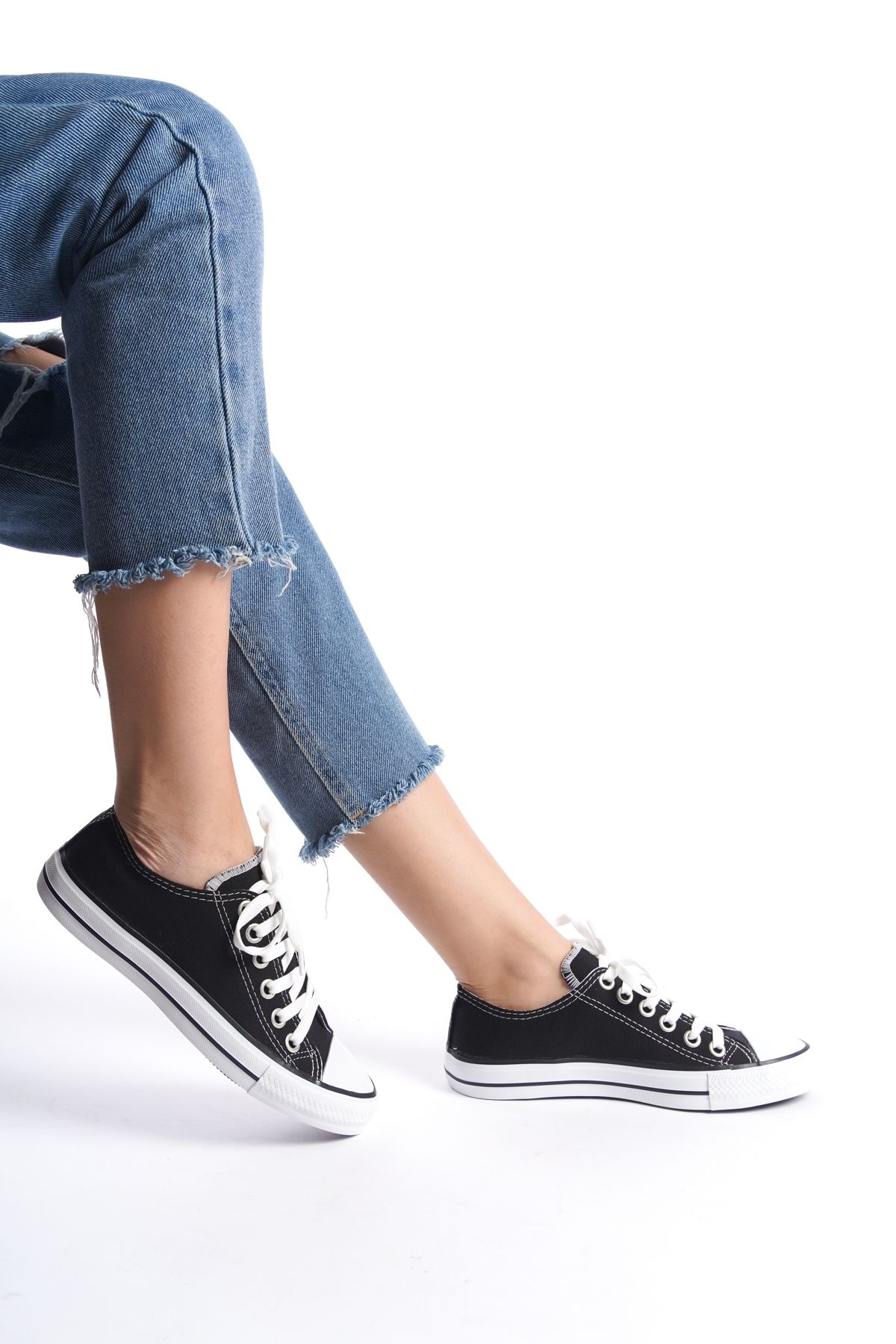 Black White Women's Short Linen Sneakers Casual Sneakers CNV7