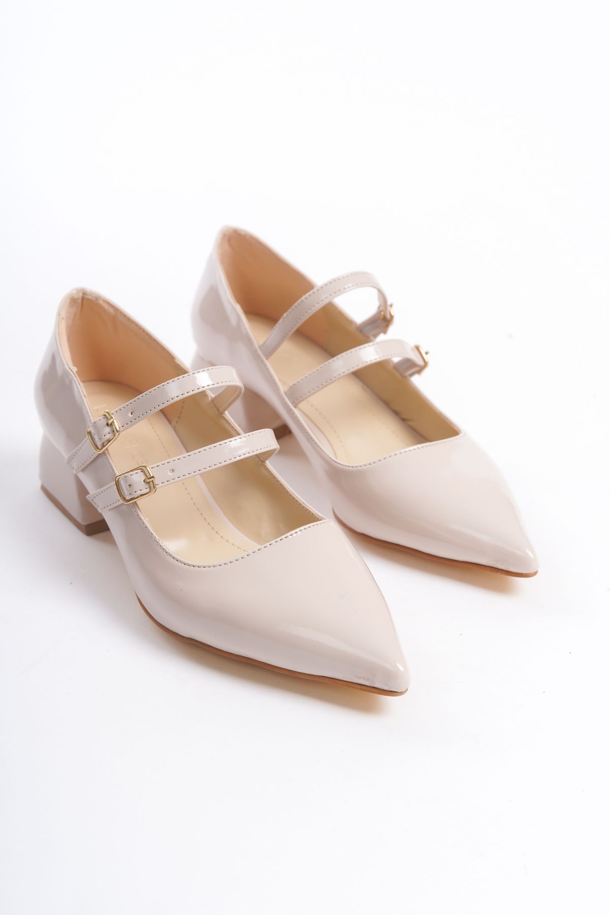 Ten Patent Leather Women's Pointed Toe Belt Buckle Casual Classic Heeled Shoes Mary Jane ZR03