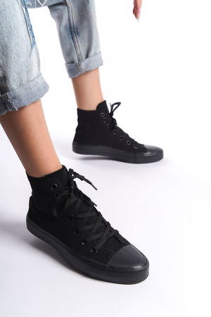 Black Women's Long Linen Sneakers Casual Sneakers CNV6