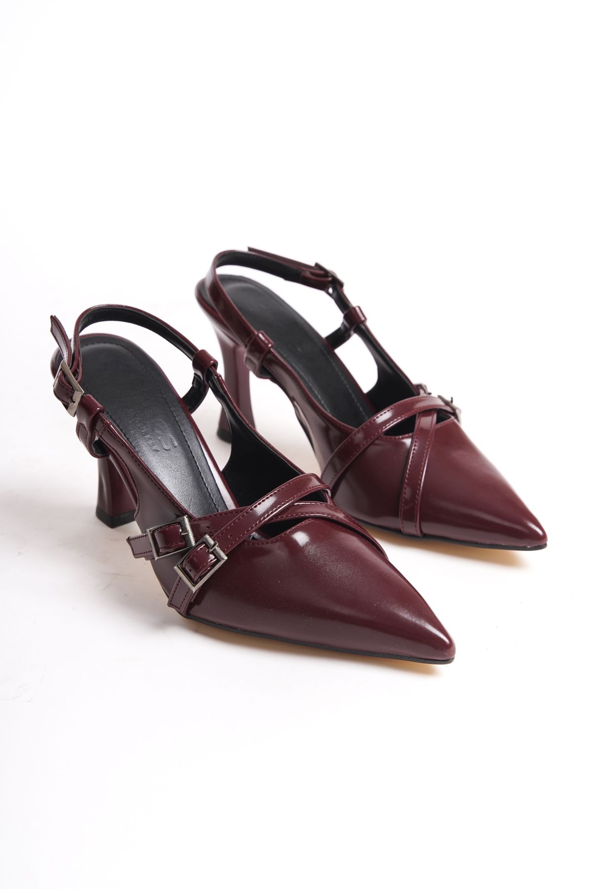 Burgundy Women's Pointed Toe Belt Buckle Detail Casual Classic Heeled Shoes Heel 7 cm ZR01