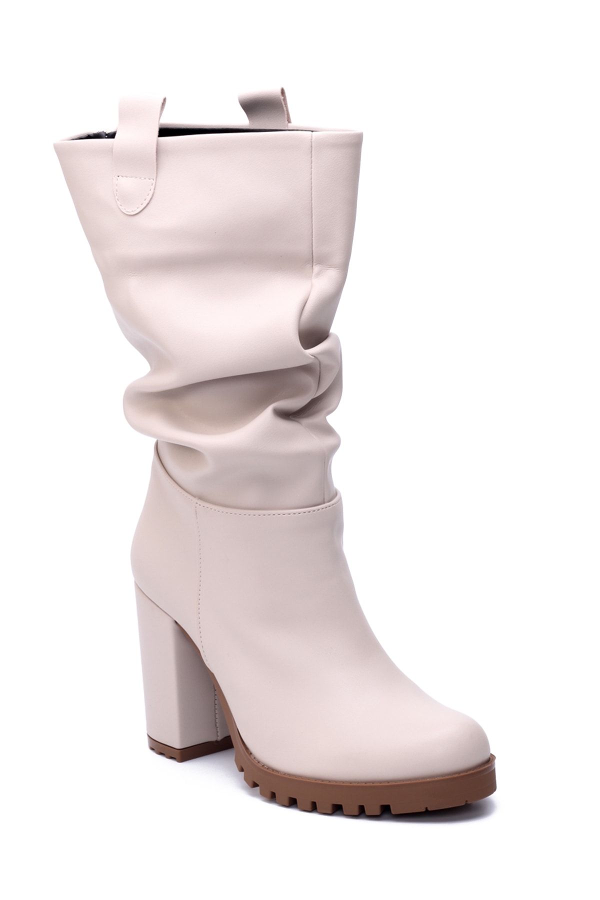 Beige Women's Boots with Shirred Heels 136