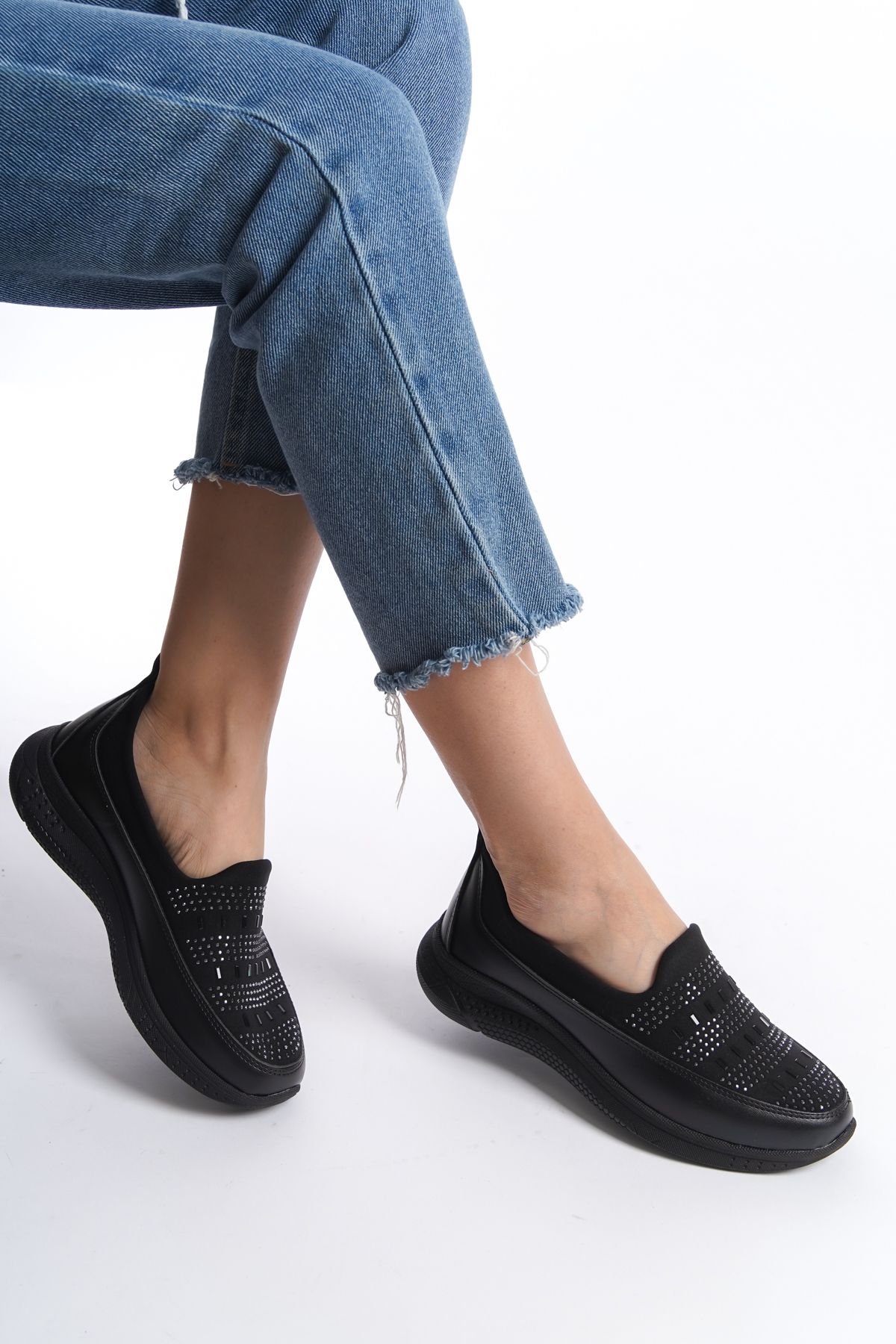 Black Women's Stone Detailed Casual Casual Classic Shoes Babet ALD3