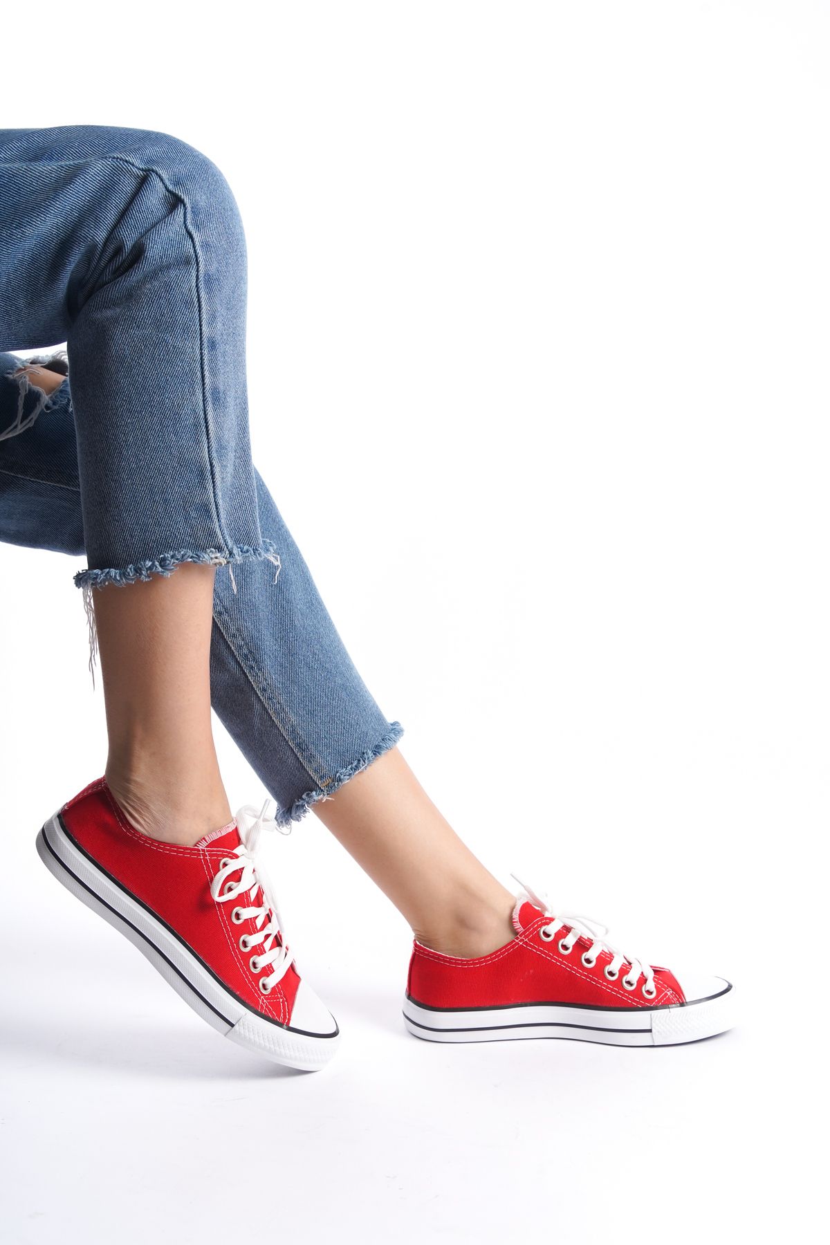 Red Women's Short Linen Sneakers Casual Sneakers CNV7