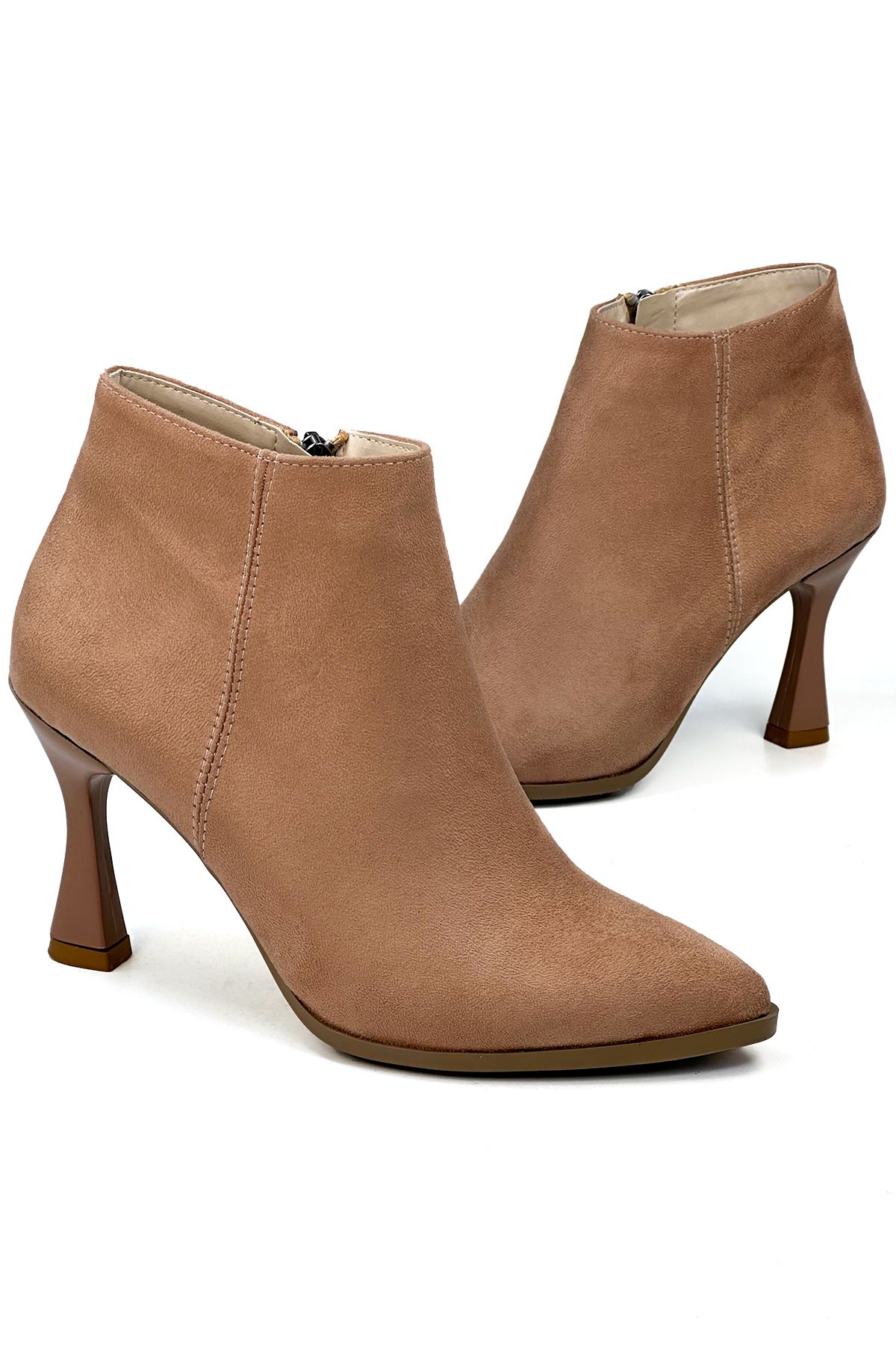 Beige Suede Women's Heeled Boots 2592