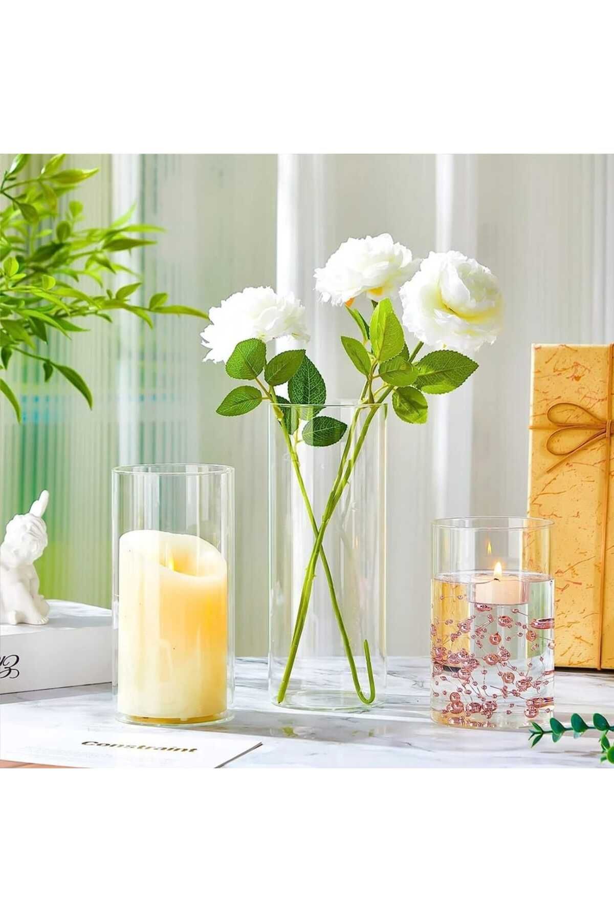 3-Piece Glass Vase Cylinder Candle Holder Set -