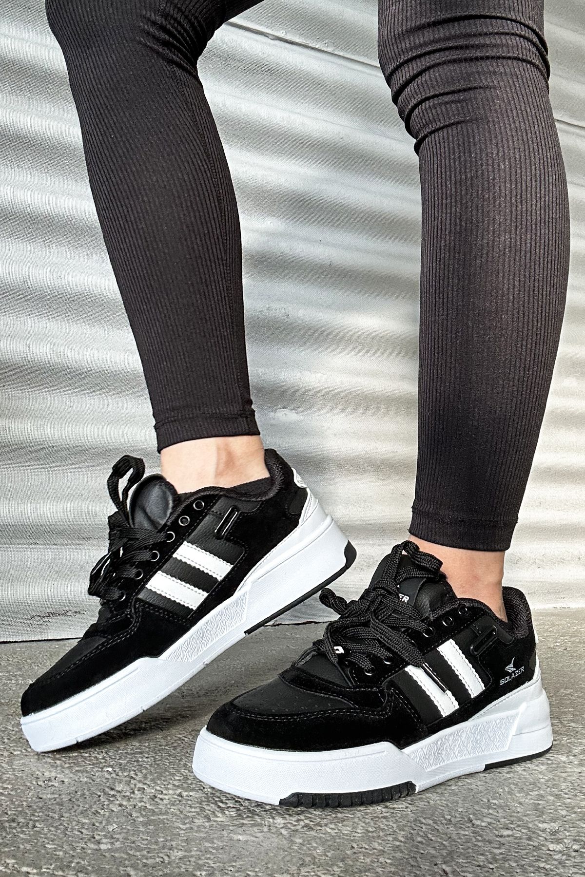 Women's Black Striped Orthopedic Sole Casual Sneakers