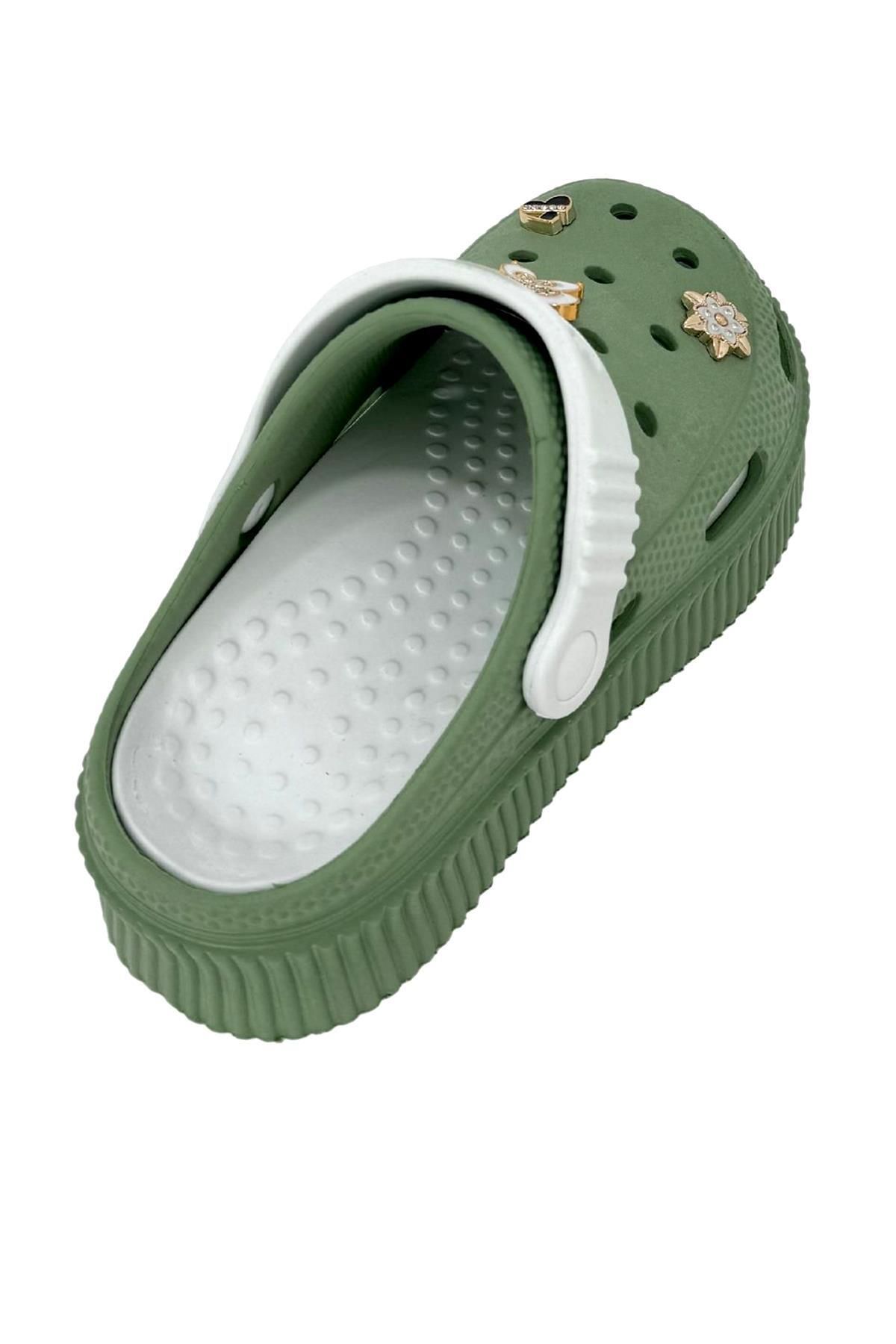 Women's Green White Orthopedic Sole Figured Banded Casual Slippers Slz00040