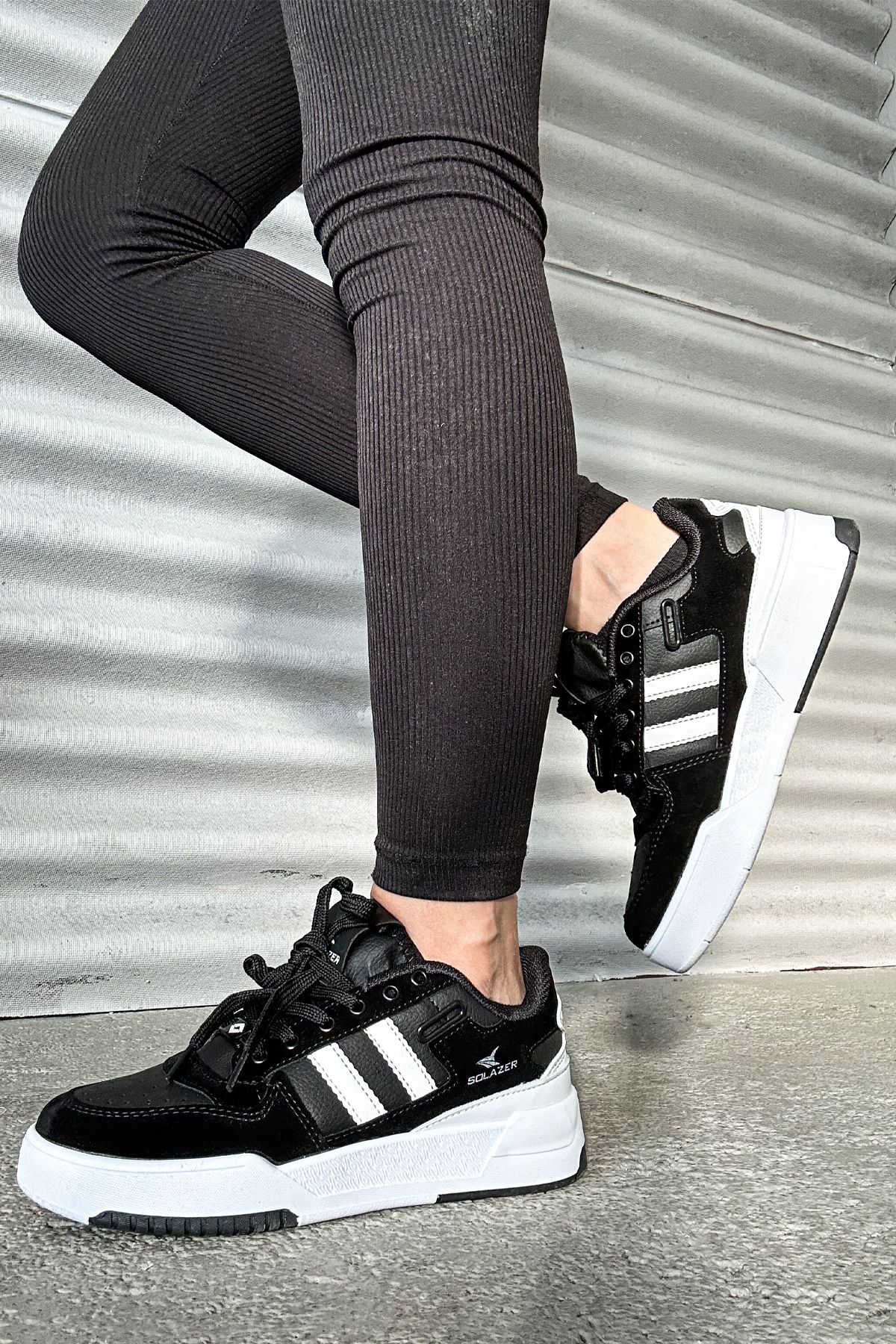 Women's Black Striped Orthopedic Sole Casual Sneakers