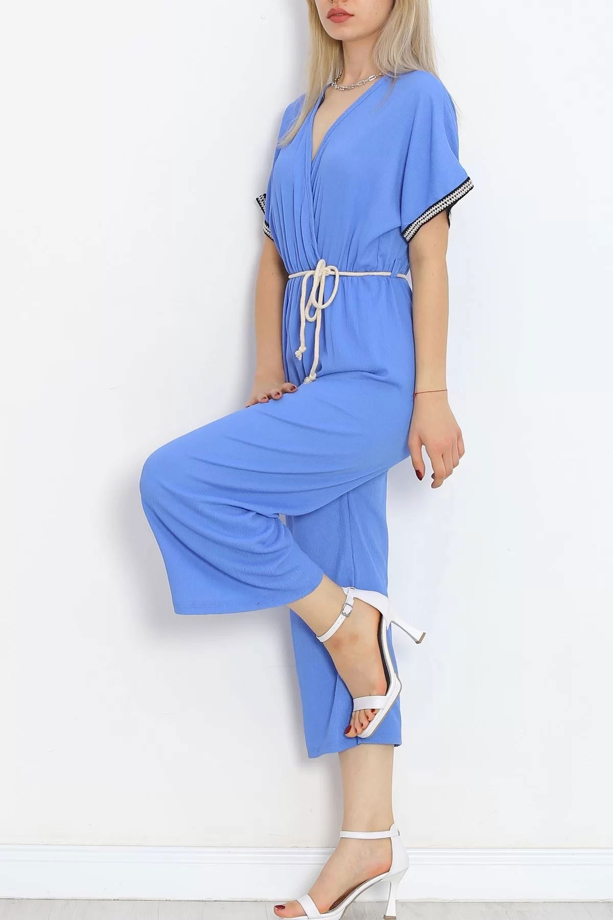 Knit Belt Burlap Jumpsuit Blue - 10007.1567.