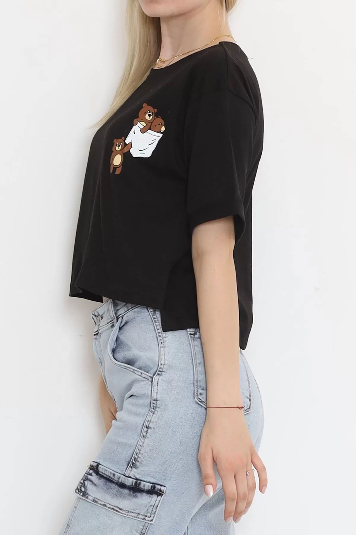 Printed Double Sleeve Crop T-Shirt Black - 18652.1567.